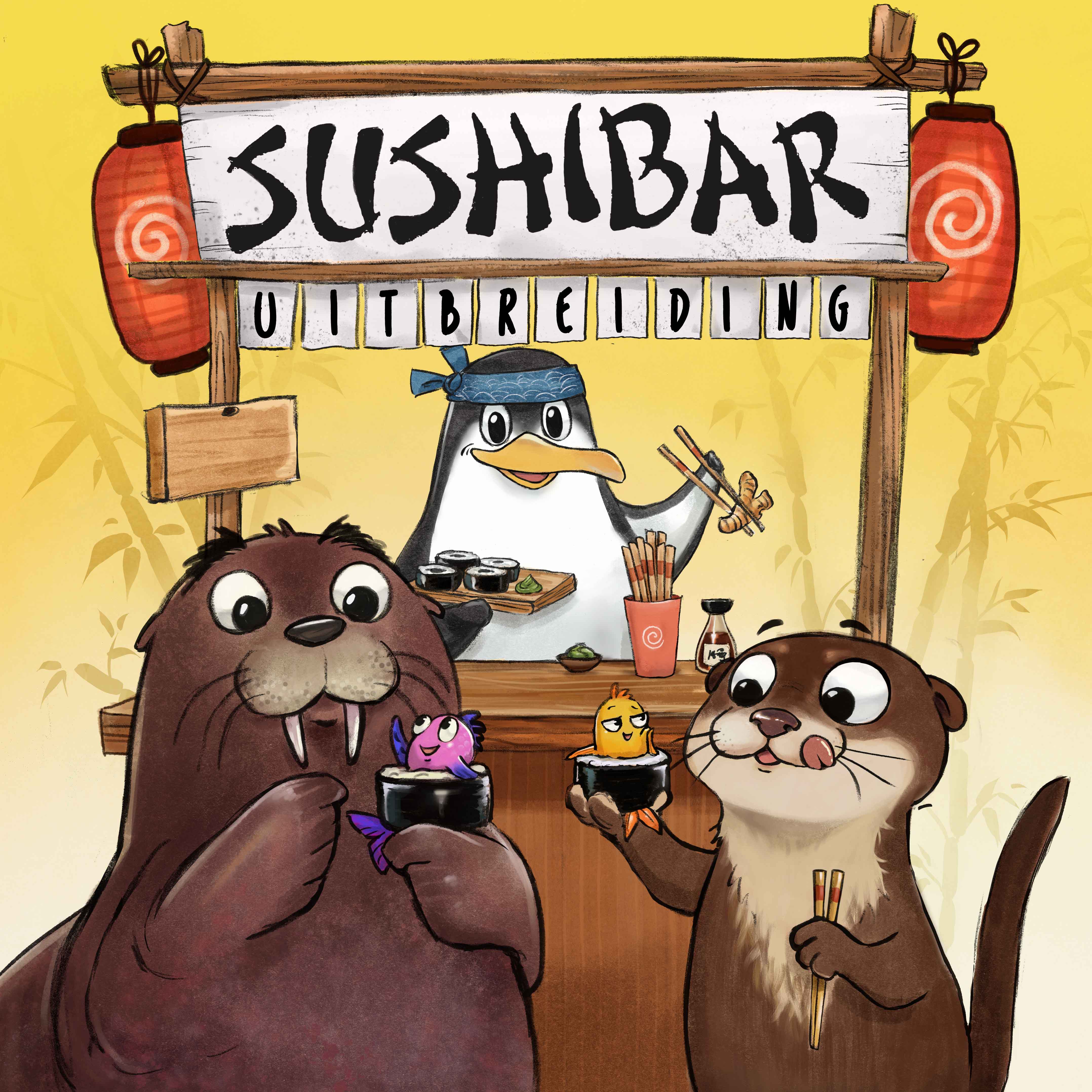 Illustration de couverture de boîte pour le jeu de société Sushibar