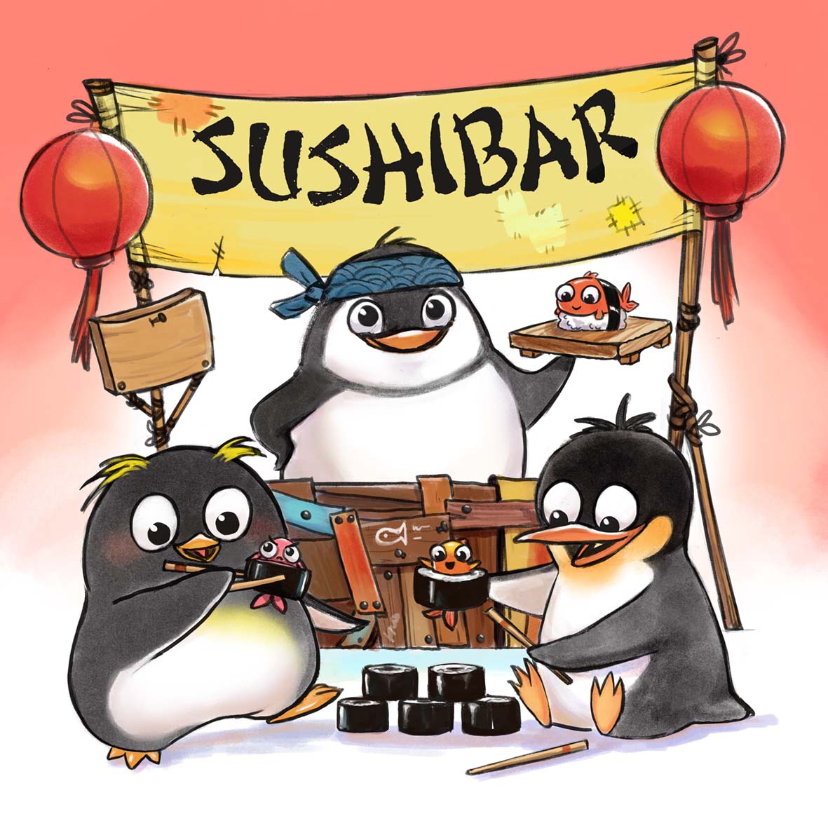 Illustration de couverture de boîte pour le jeu de société Sushibar Junior