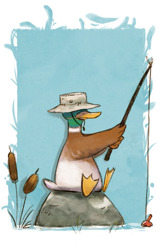 Illustration de jeu de société représentant un canard pêchant