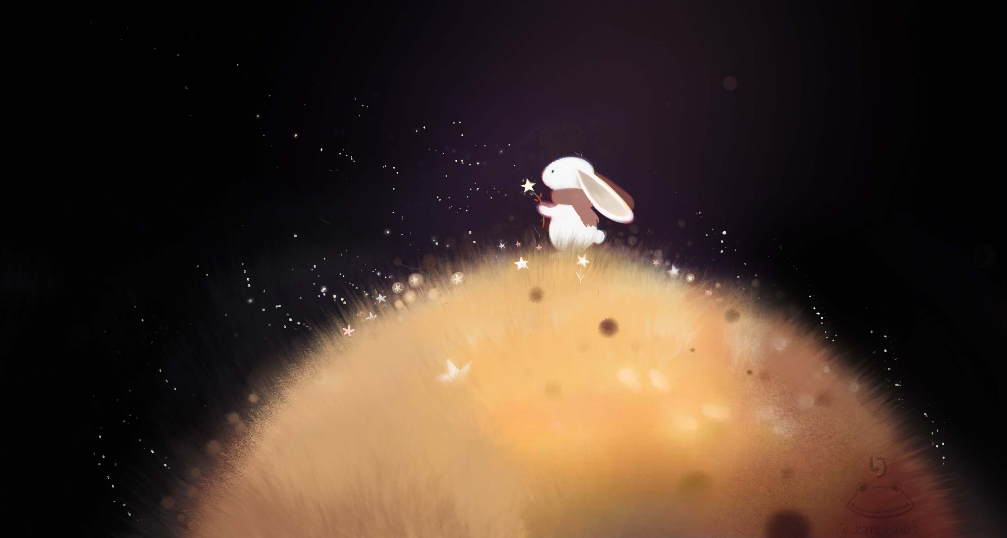 Dessin d’un lapin sur une planète duveteuse