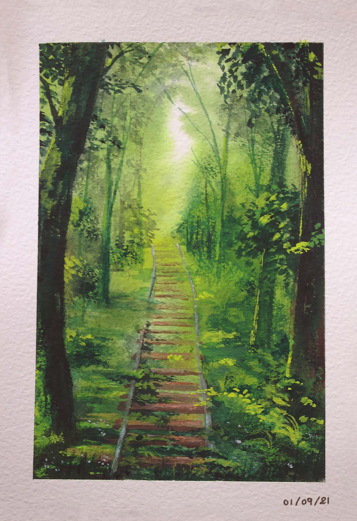 Illustration à la gouache représentant une voie ferrée dans une forêt