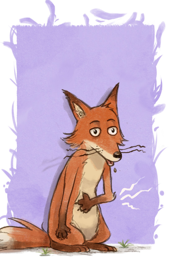 Illustration d'une carte de jeu de société représentant un renard affamé