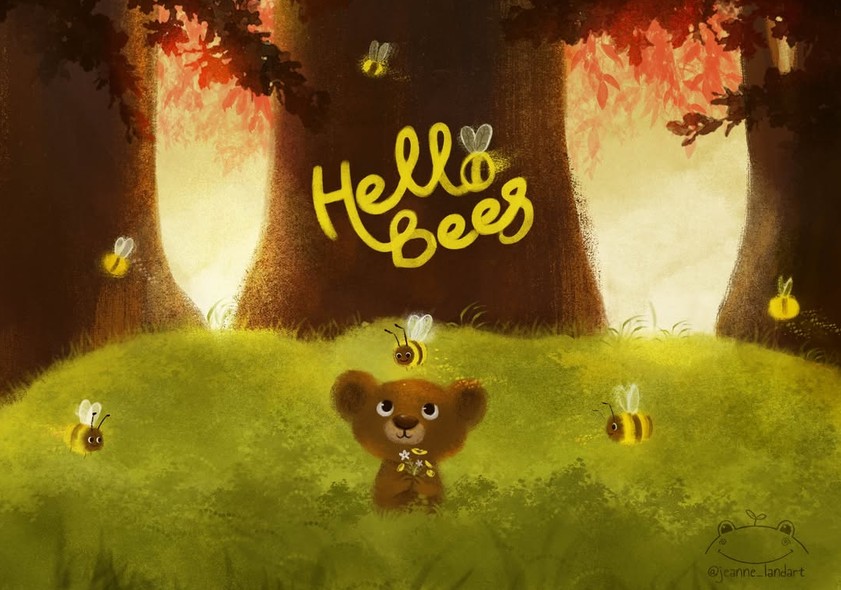 Illustration jeunesse représentant un adorable petit ourson offrant des fleurs aux abeilles
