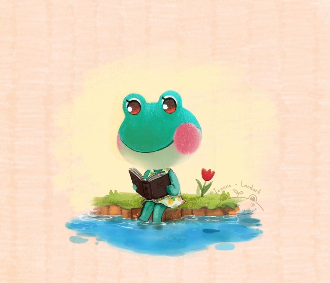 Illustration d’une grenouille lisant un livre, illustration jeunesse 