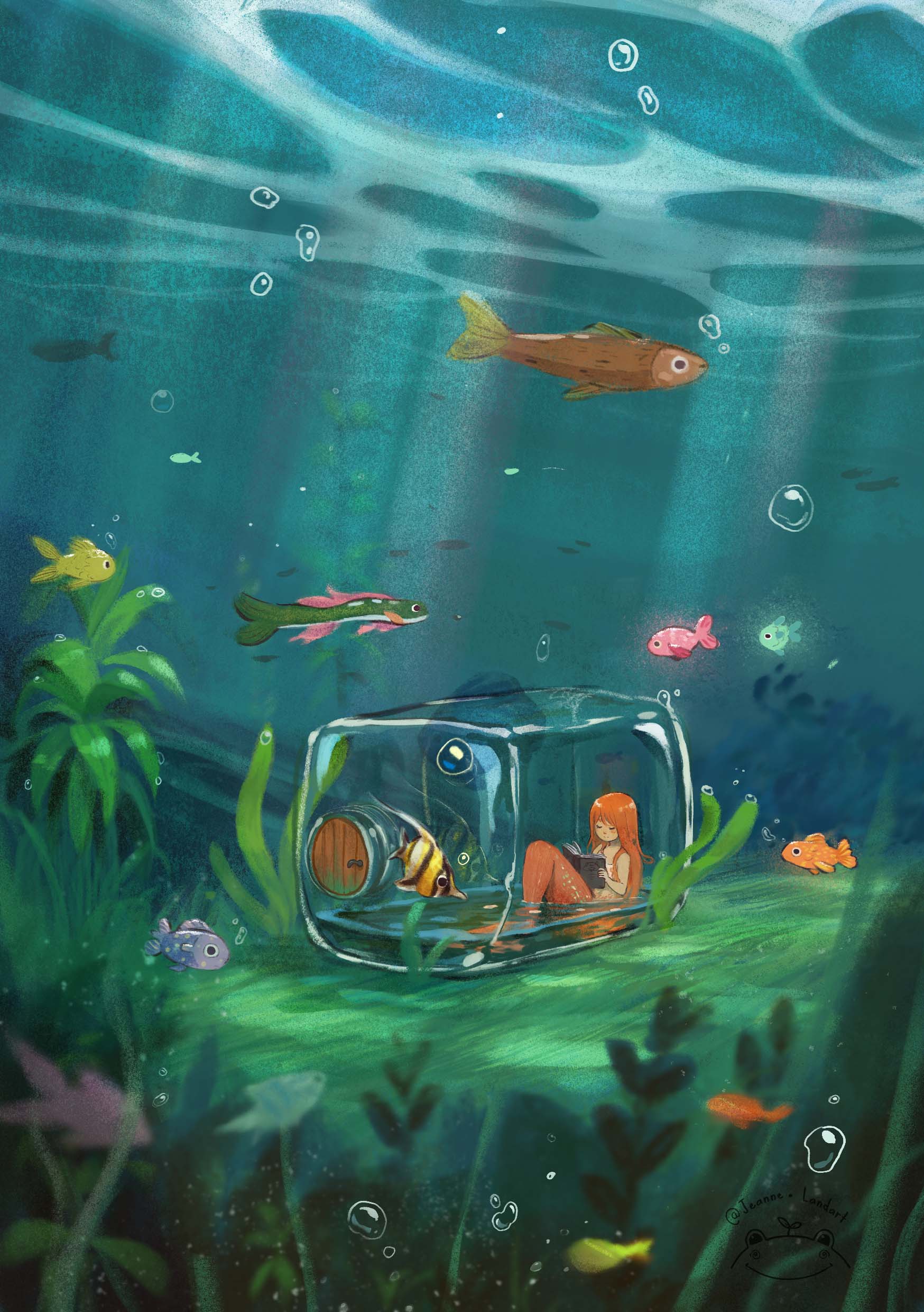 Illustration d’une sirène dans une bouteille chaleureuse, en train de lire