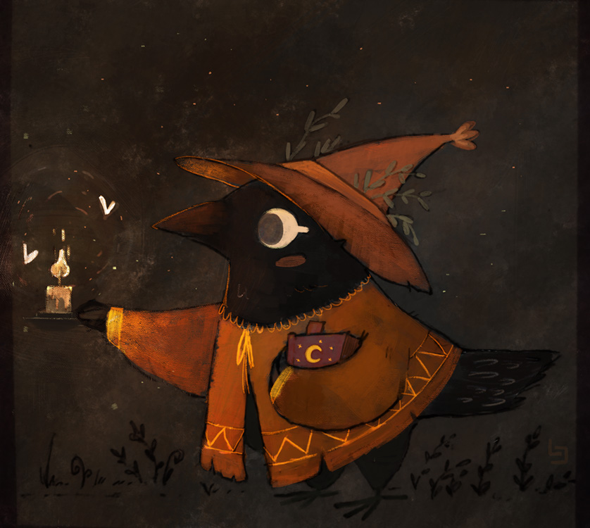 Dessin d’un oiseau noir tenant une bougie