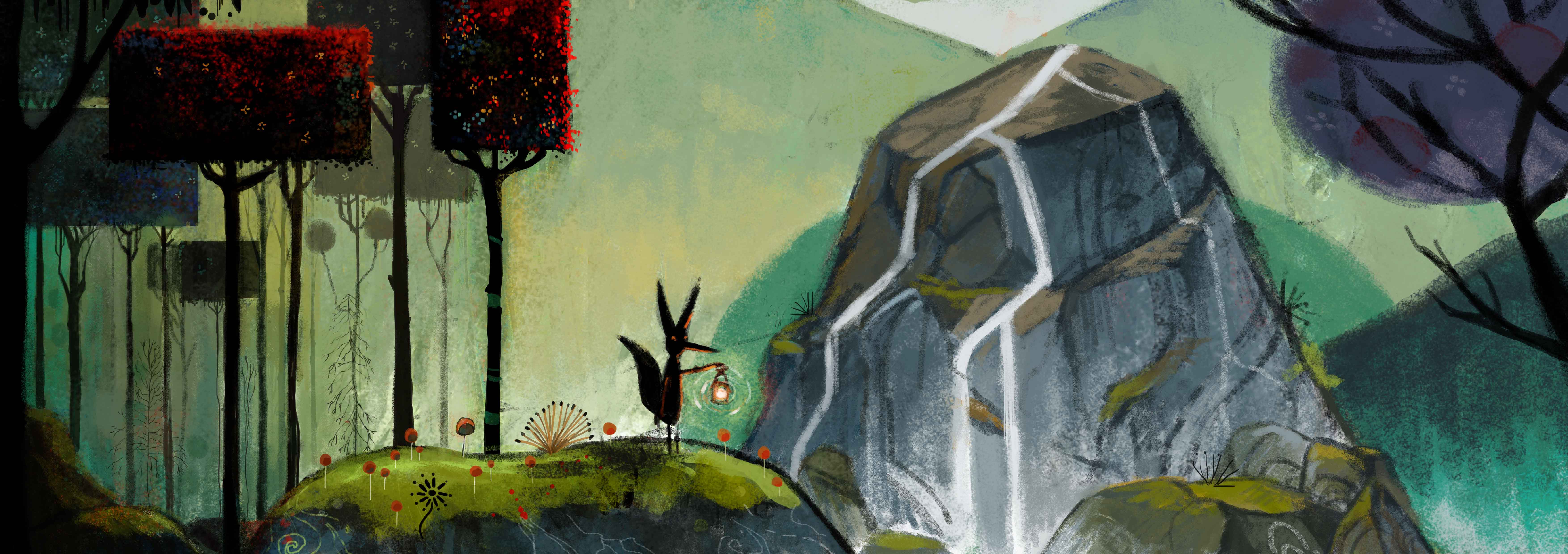 Illustration d’un renard dans une vallée traversée par des rivières