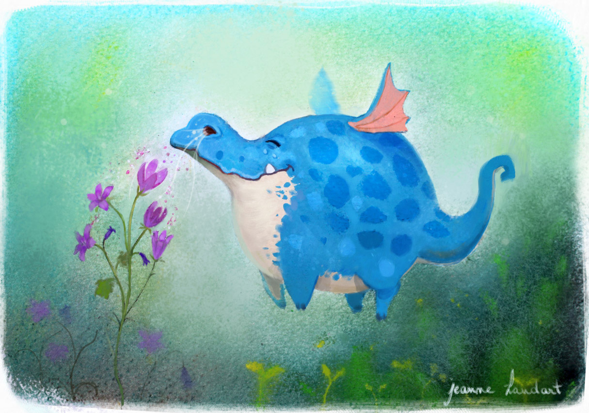 Illustration traditionelle d’un petit dragon qui sent des fleurs