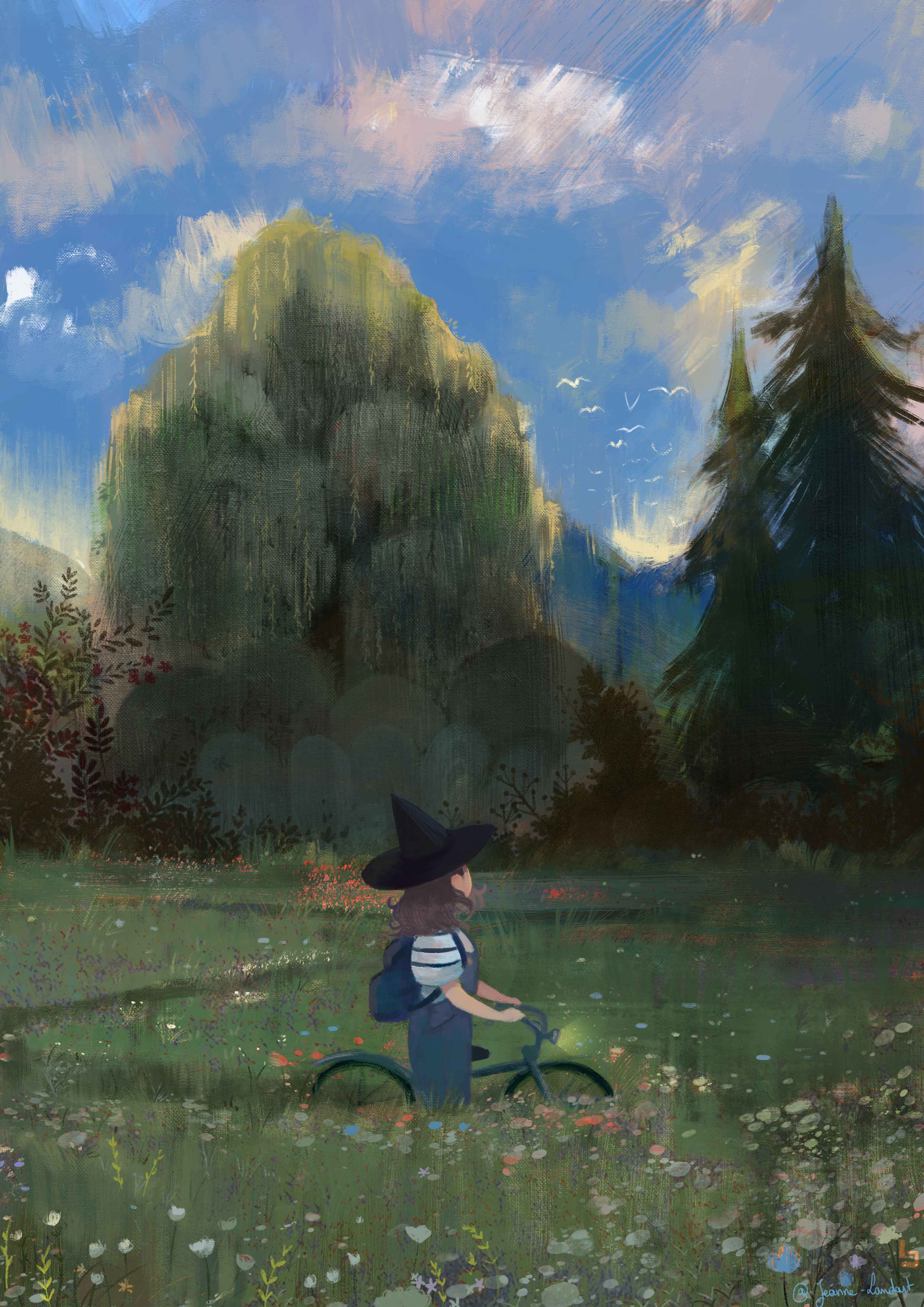 Dessin d’une sorcière se promenant à vélo et admirant un magnifique ciel